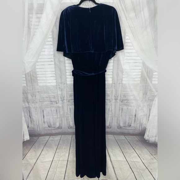 Alex Marie Size 16 Capelet Cape Navy Blue Velvet V-Neck Jumpsuit Wide Leg Formal - Picture 9 of 11